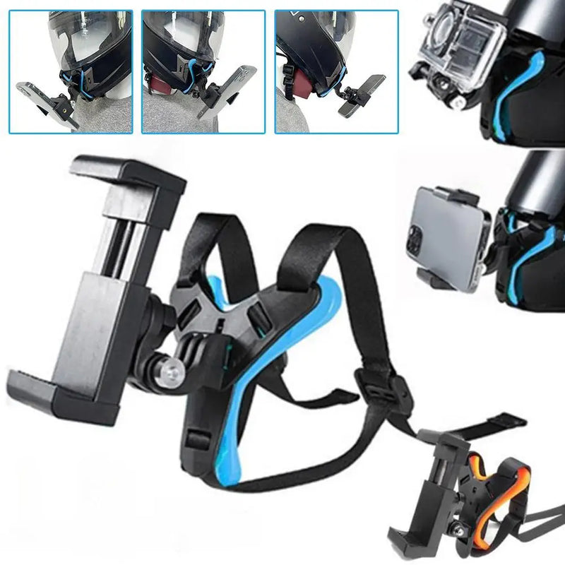 Suporte de montagem de cinta de queixo para capacete de motocicleta com clipe de telefone para câmera de ação GoPro Hero 11 10 9 Suporte de telefone celular de rosto inteiro